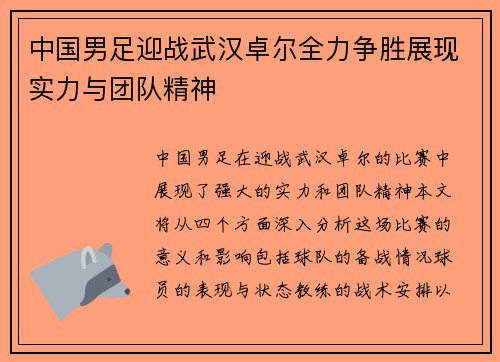 中国男足迎战武汉卓尔全力争胜展现实力与团队精神